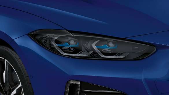 M Shadow Line lights and BMW laser light BMW i4 M50 G26 2021 BMW Individual Frozen Portimao Blue metallic headlights close-up
