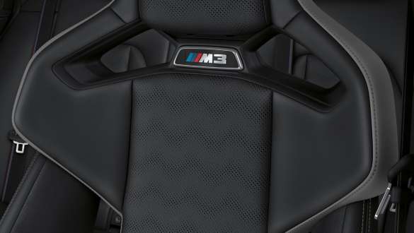 Full leather 'Merino' Black BMW M3 Competition Touring G81 BMW M3 Competition Touring G81 Full leather 'Merino' Black close-up M Carbon bucket seat with M3 logo