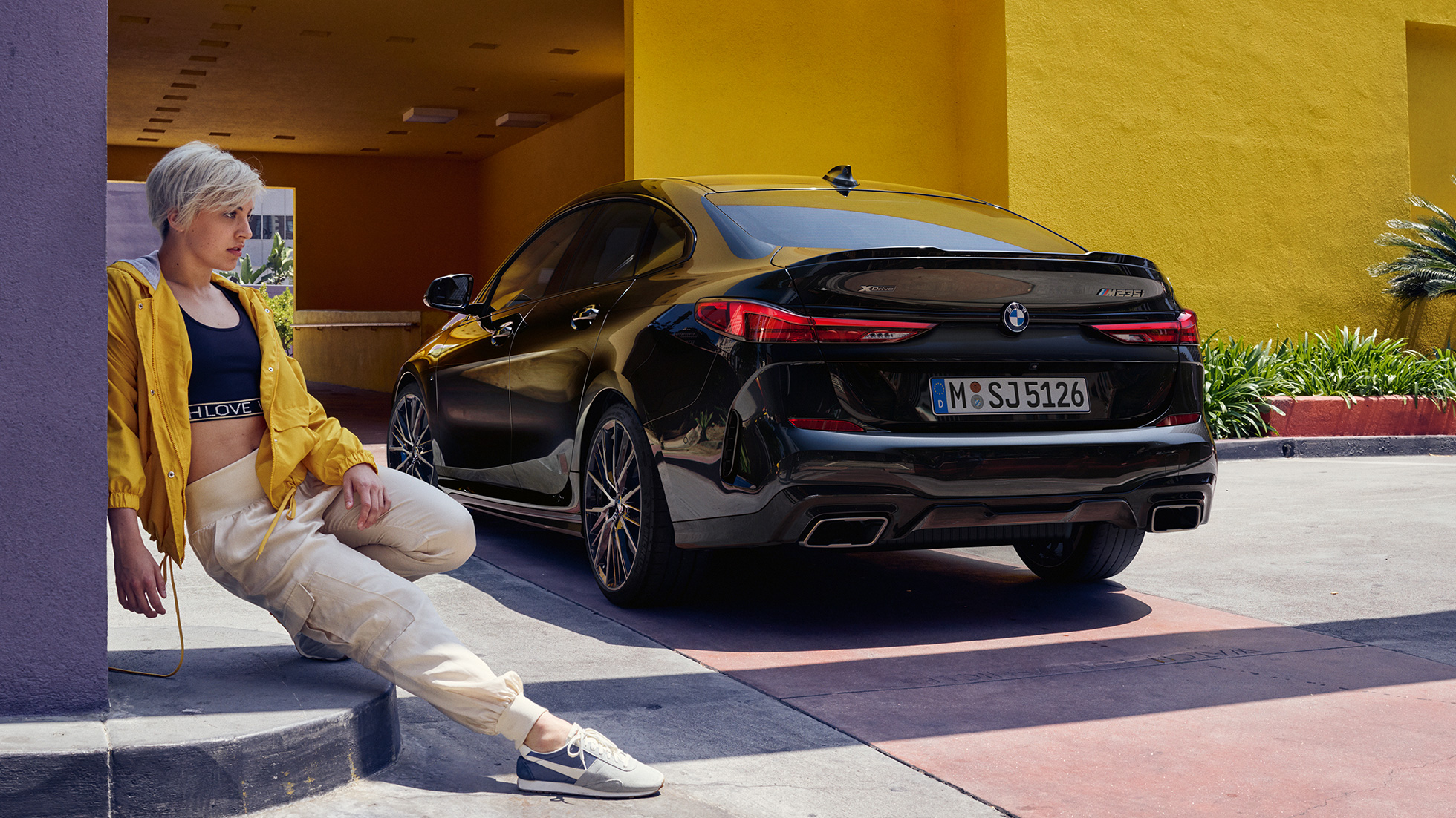 Rear section BMW M235i xDrive Gran Coupé Athletic rear section BMW M235i xDrive Gran Coupé 2020 Black Sapphire metallic F44 three-quarter rear view