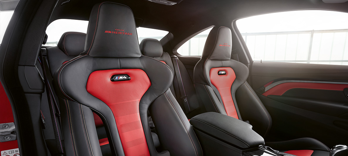 BMW M4 Coupé, M Heritage Edition M Sport seats in Bicolour Red / Black with contrast seams in Red and Yellow BMW M4 Coupé, M Heritage Edition, special edition, M Sport seats in Bicolour Red / Black with contrast seams in Red and Yellow