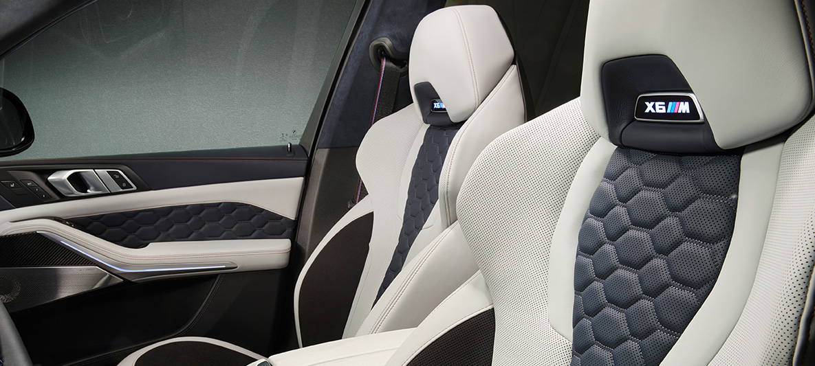 BMW X6 M First Edition F96 2020 interior multifuctional seats full leather 'Merino'/Alcantara combination Silverstone/Night Blue BMW X6 M First Edition F96 2020 interior multifuctional seats full leather 'Merino'/Alcantara combination Silverstone/Night Blue