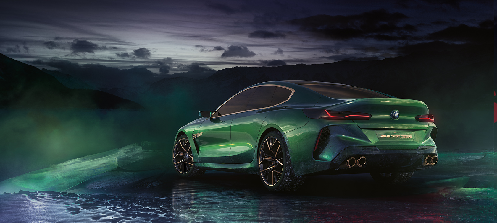 BMW Concept M8 Gran Coupé, Three-quarter rear-view BMW Concept M8 Gran Coupe: three-quarter rear-view in an icy setting
