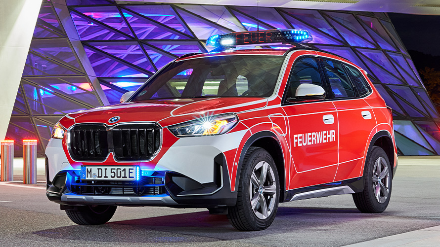 BMW X1 fire-fighter vehicle BMW X1 fire-fighter vehicle 3/4 front view driving